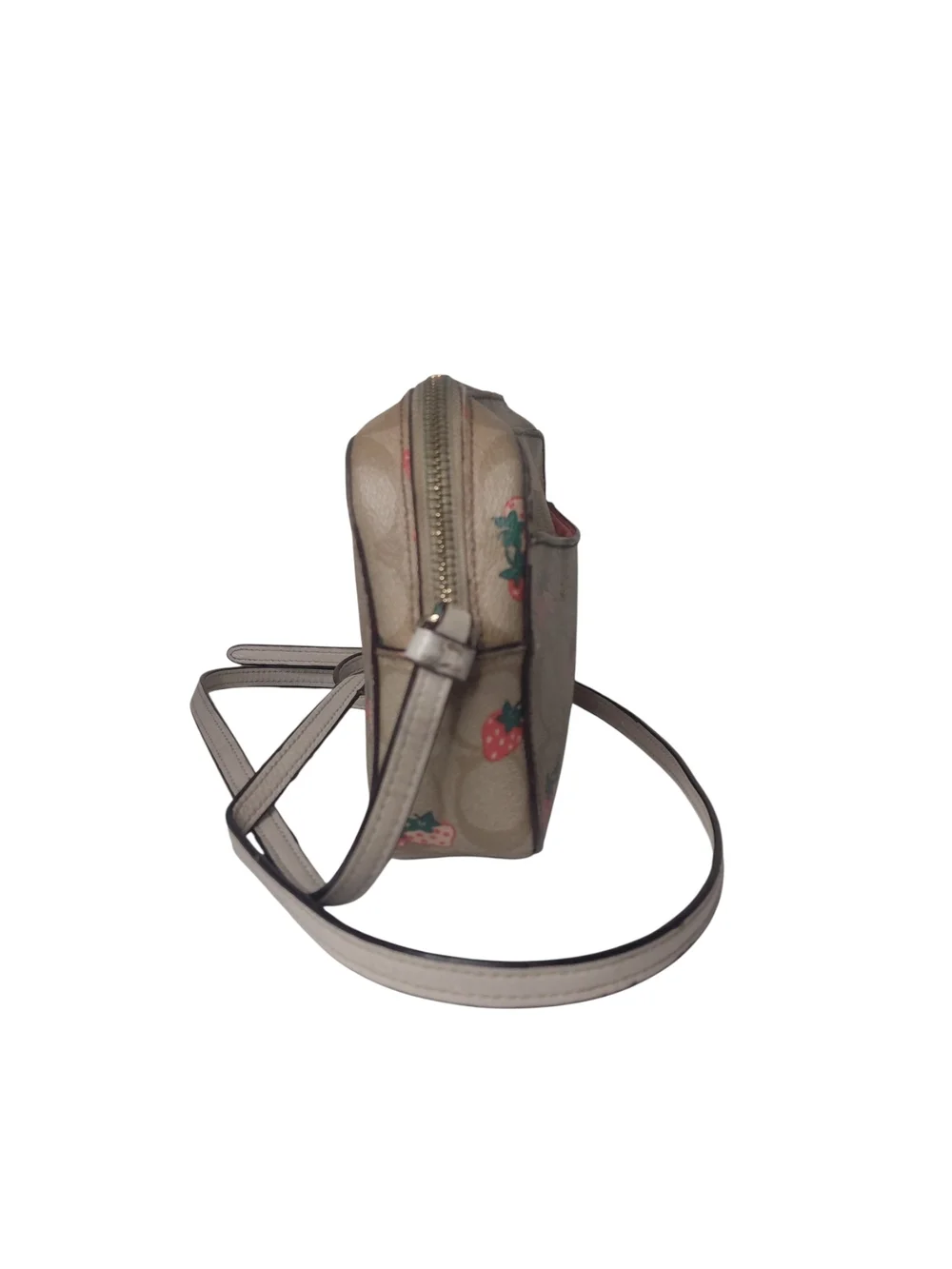 Coach Jaimie Mini Camera Bag Tan Crossbody Bag with Wild Strawberry Design